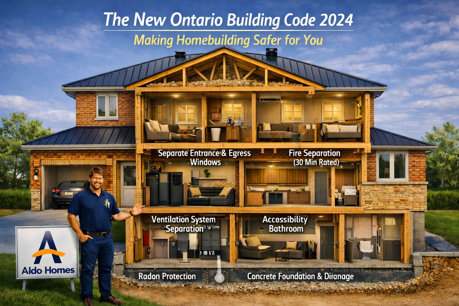 Ontario Building Code 2024 updates — HVAC separation, secondary suite rules, ceiling height changes, radon protection, fire safety, accessibility, and renovation requirements.