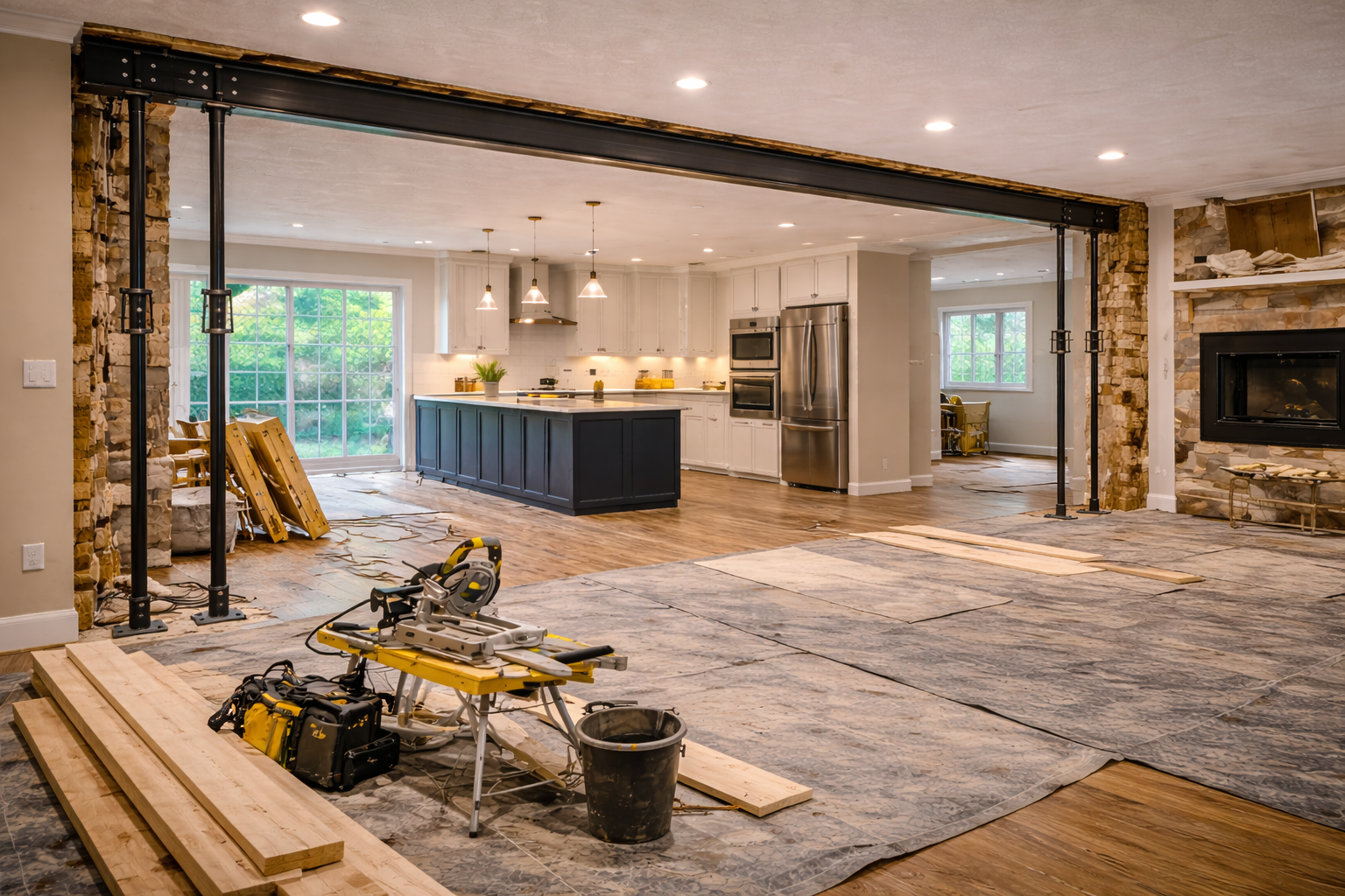 Modern open concept living room with kitchen