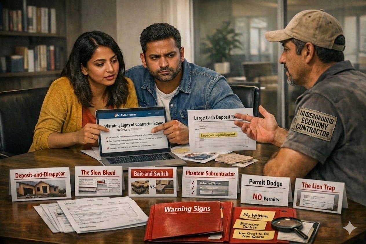 How to spot a contractor scam in Ontario — warning signs, red flags, fraud patterns, real cases, and homeowner protection strategies.