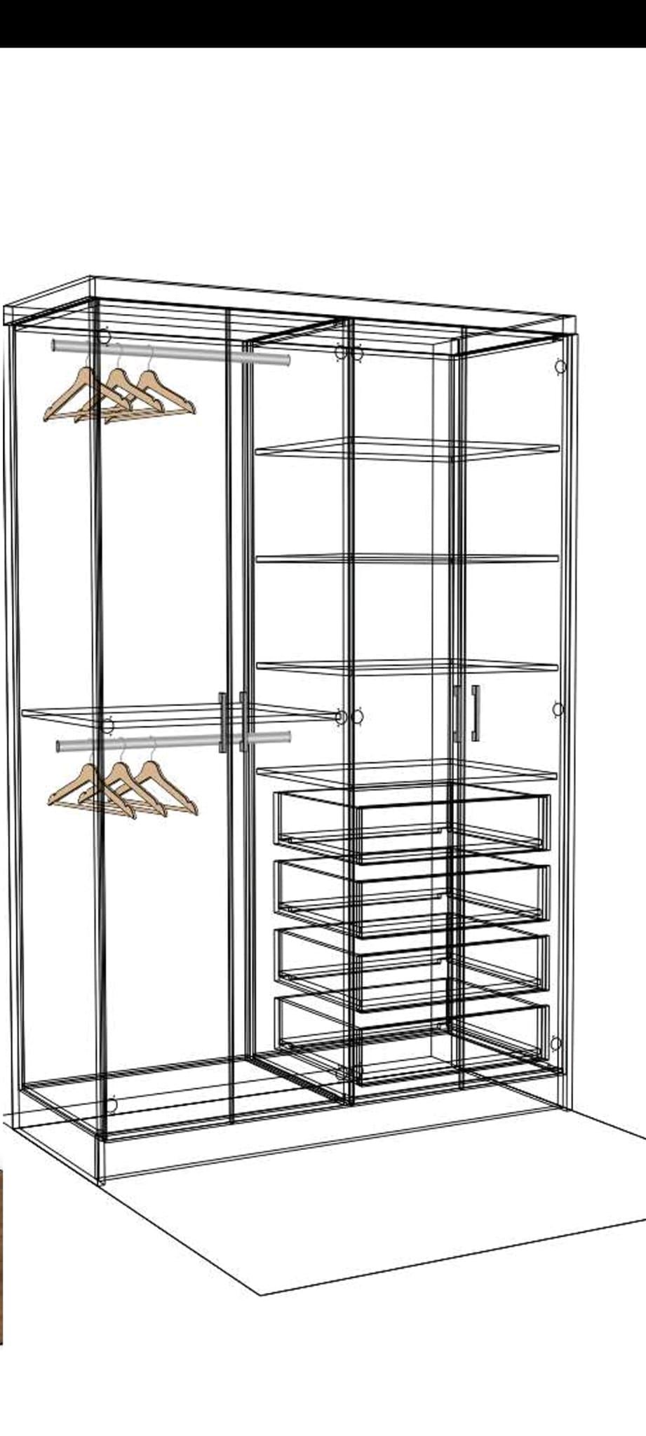 3D wireframe rendering of a custom wardrobe layout showing double hanging sections with wooden hangers on the left and multiple shelves with a drawer stack on the right, illustrating the internal organization and structure of the closet design.