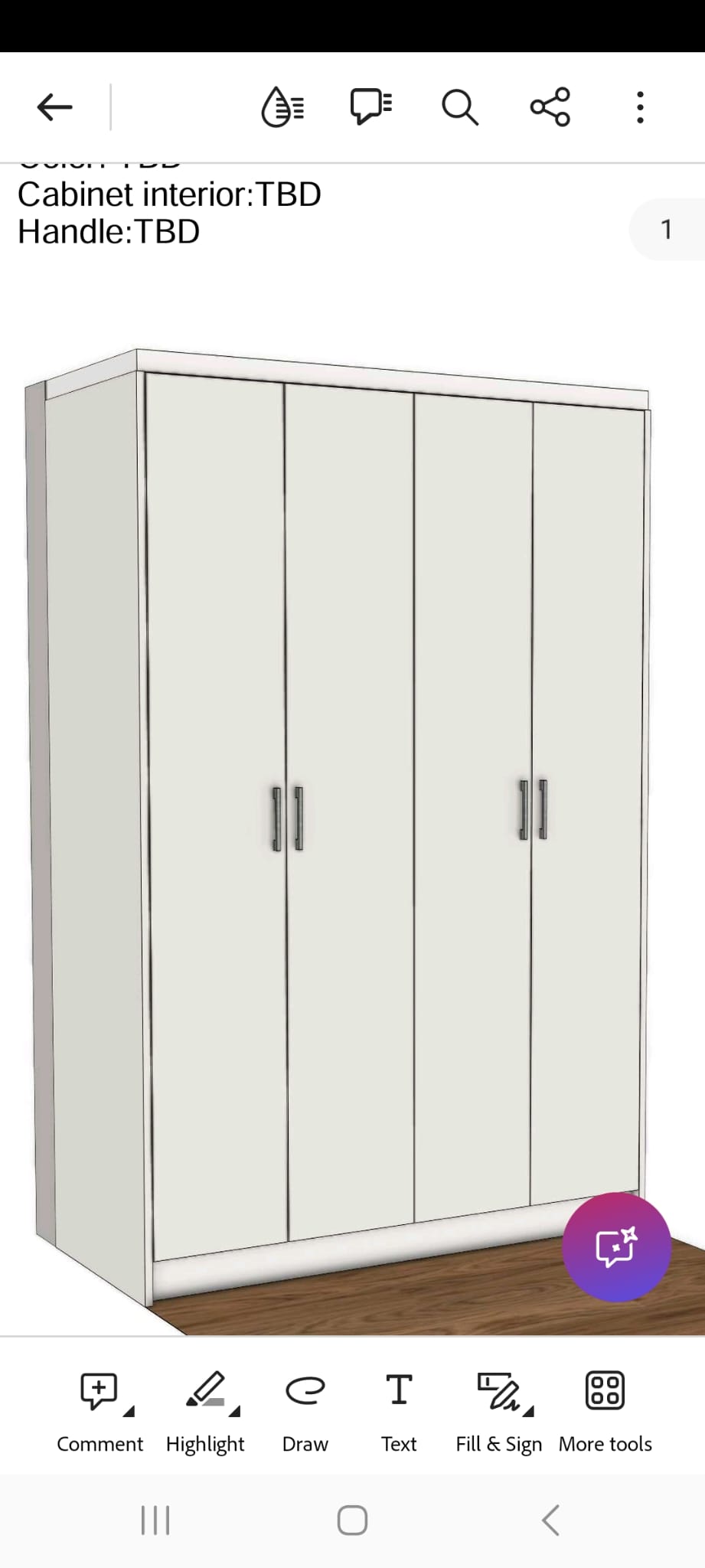 Digital rendering of a tall four‑door cabinet with metallic handles, shown in a light finish, with notes indicating that the color, interior layout, and handle style are still to be determined.